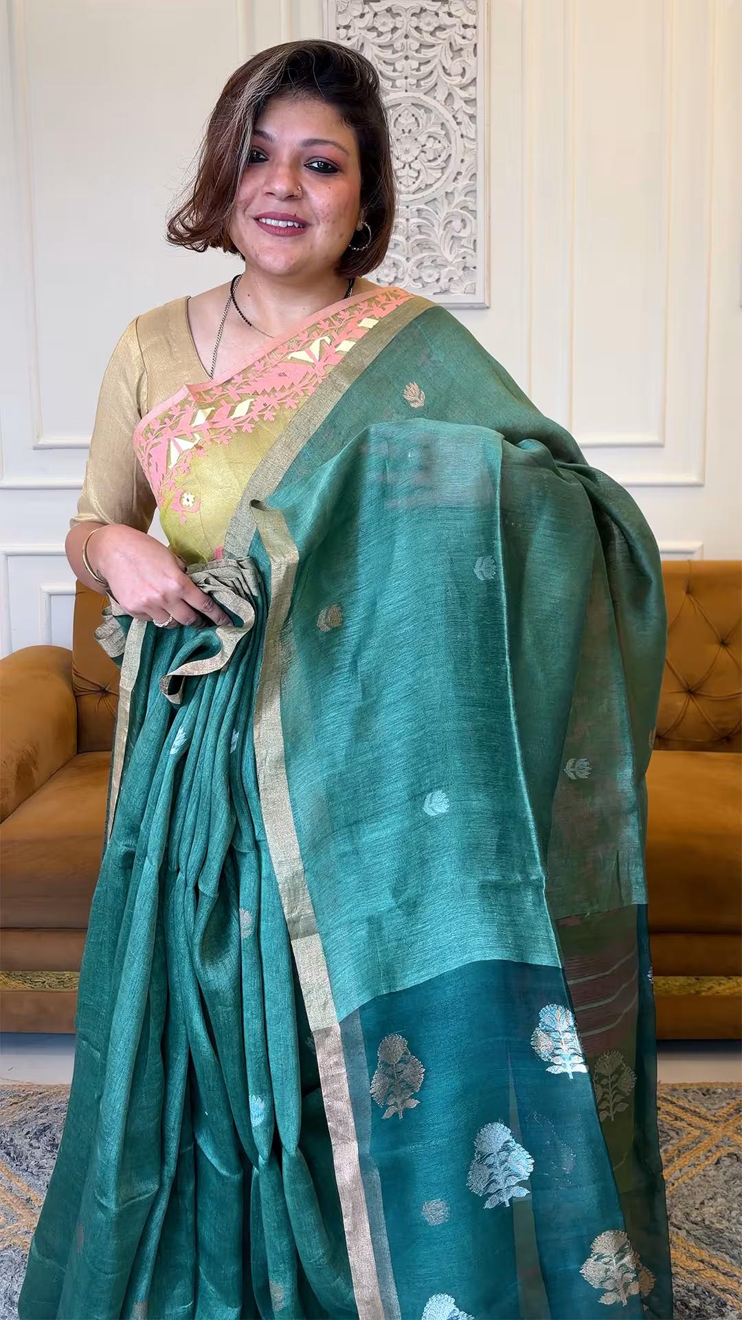 Handloom Pure Muslin silk & Linen in Bottle Green - Yarn Dyed Saree 3 - Bottle Green Muslin silk & Linen saree