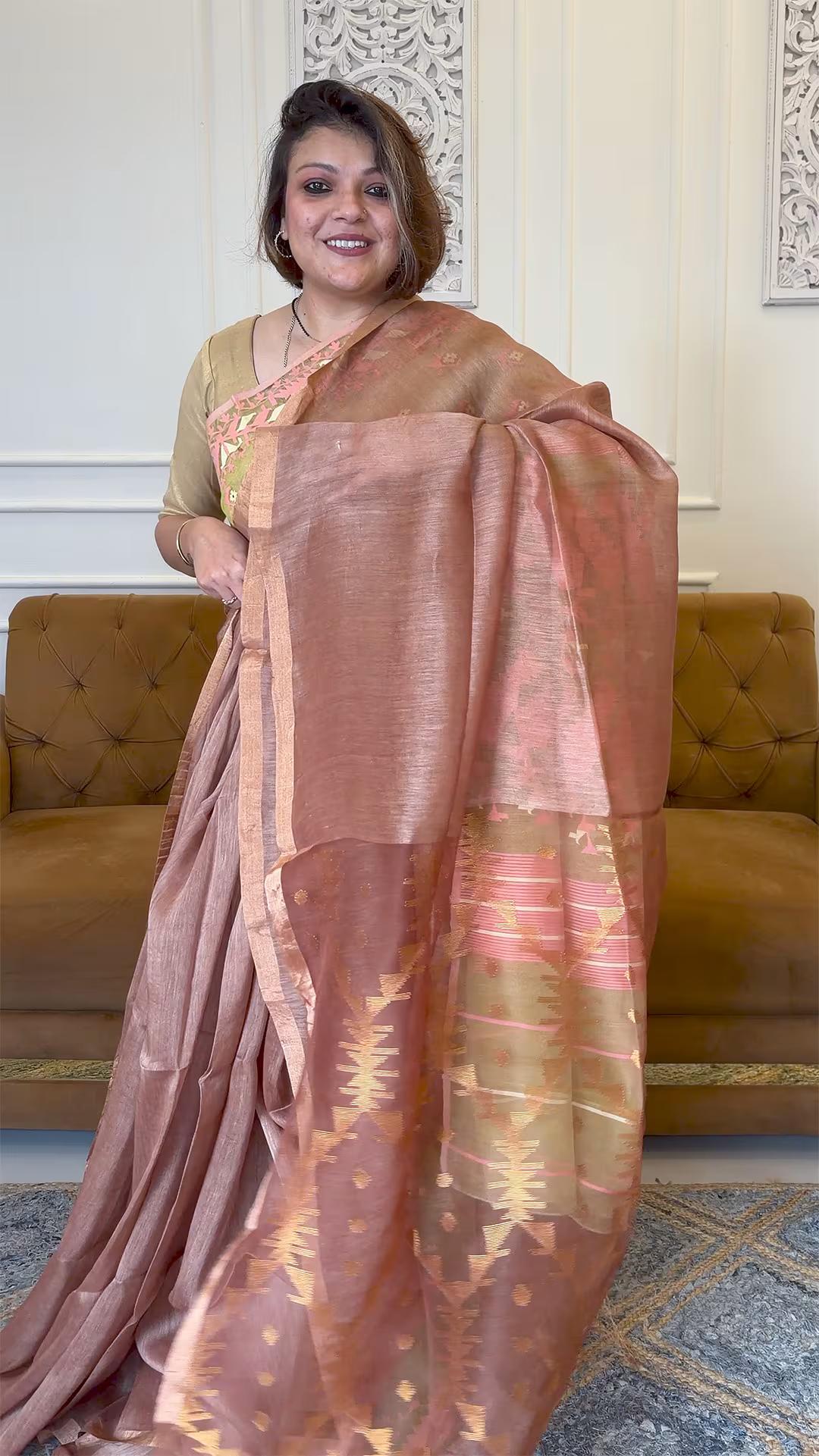 Handloom Pure Muslin silk and Linen Jamdani in Red Sandalwood  - Yarn Dyed Saree 2 - Red Sandalwood Muslin silk & Linen saree