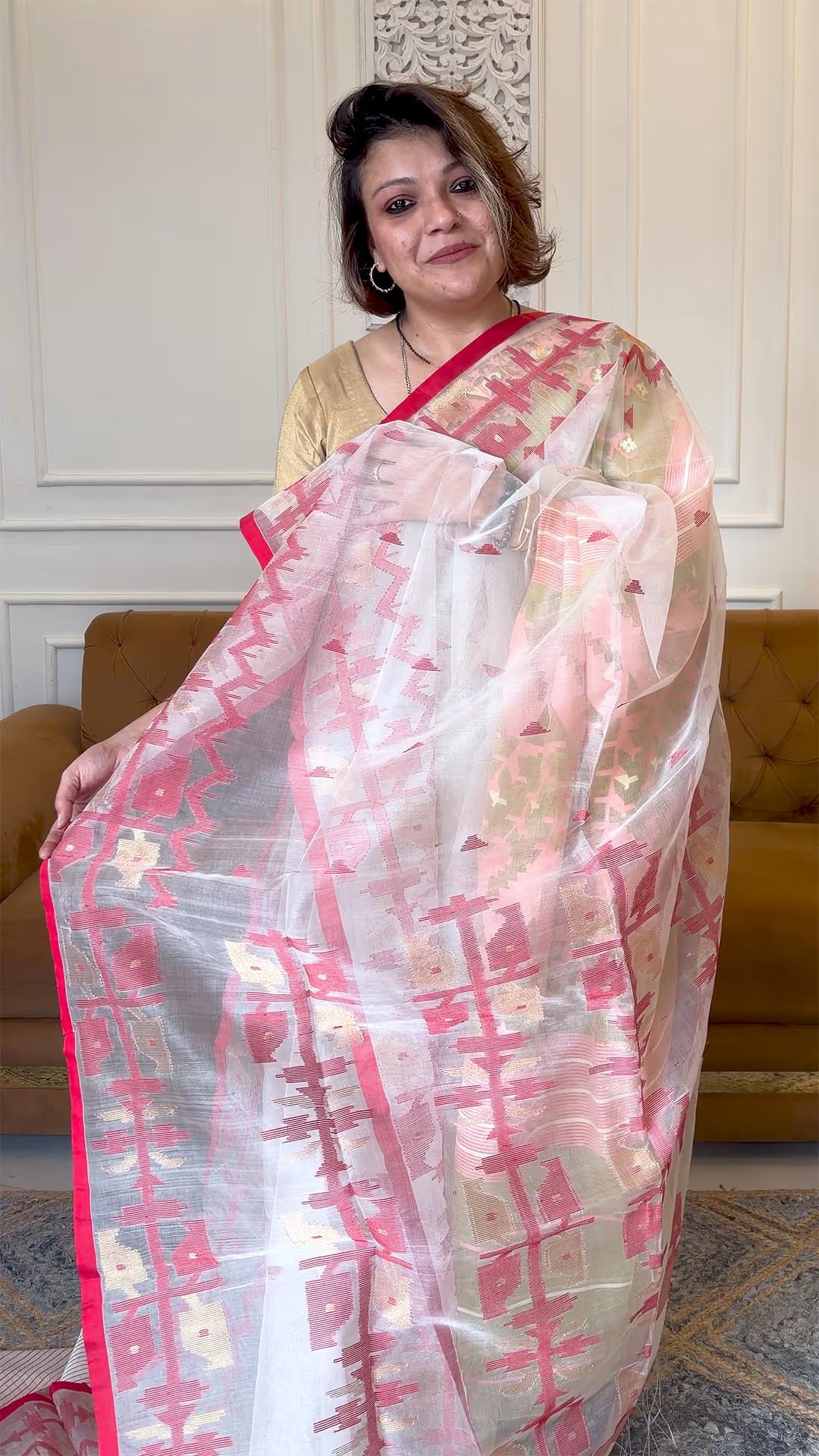 Handloom Pure Muslin silk Jamdani in White and Red - Yarn Dyed Saree 2 - White & Red Muslin silk saree