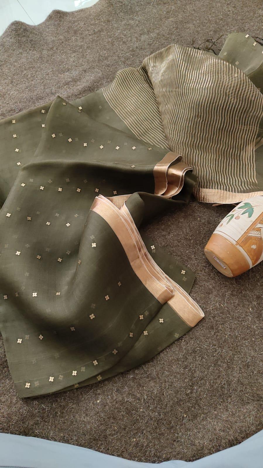 Handloom Pure Muslin silk in Olive Green Yarn Dyed Saree view 2 - Olive Green Muslin silk saree