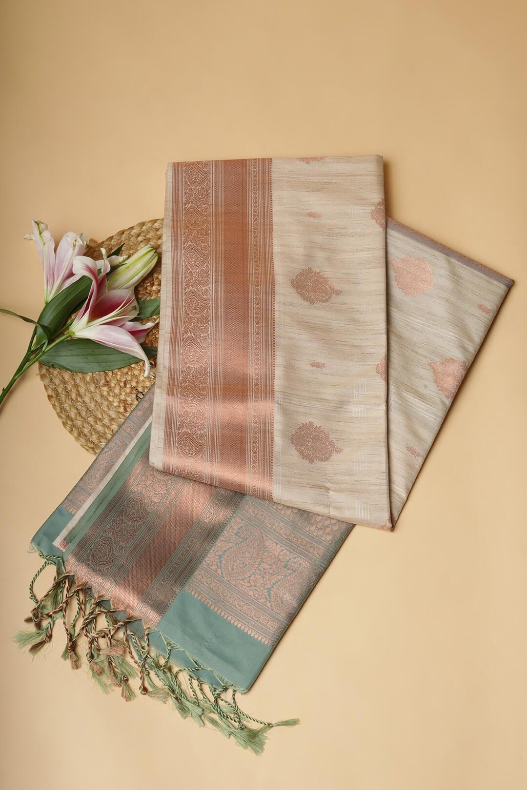 Semi Tussar silk saree in Ivory and bronze pallu view 1 - Ivory with Bronze pallu Semi Tussar saree