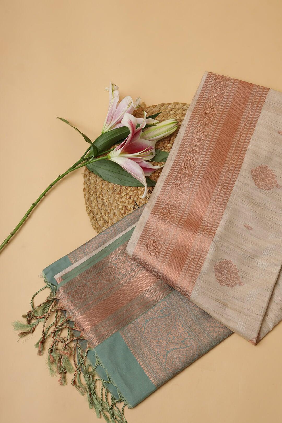 Semi Tussar silk saree in Ivory and bronze pallu 2 - Ivory with Bronze pallu Semi Tussar saree