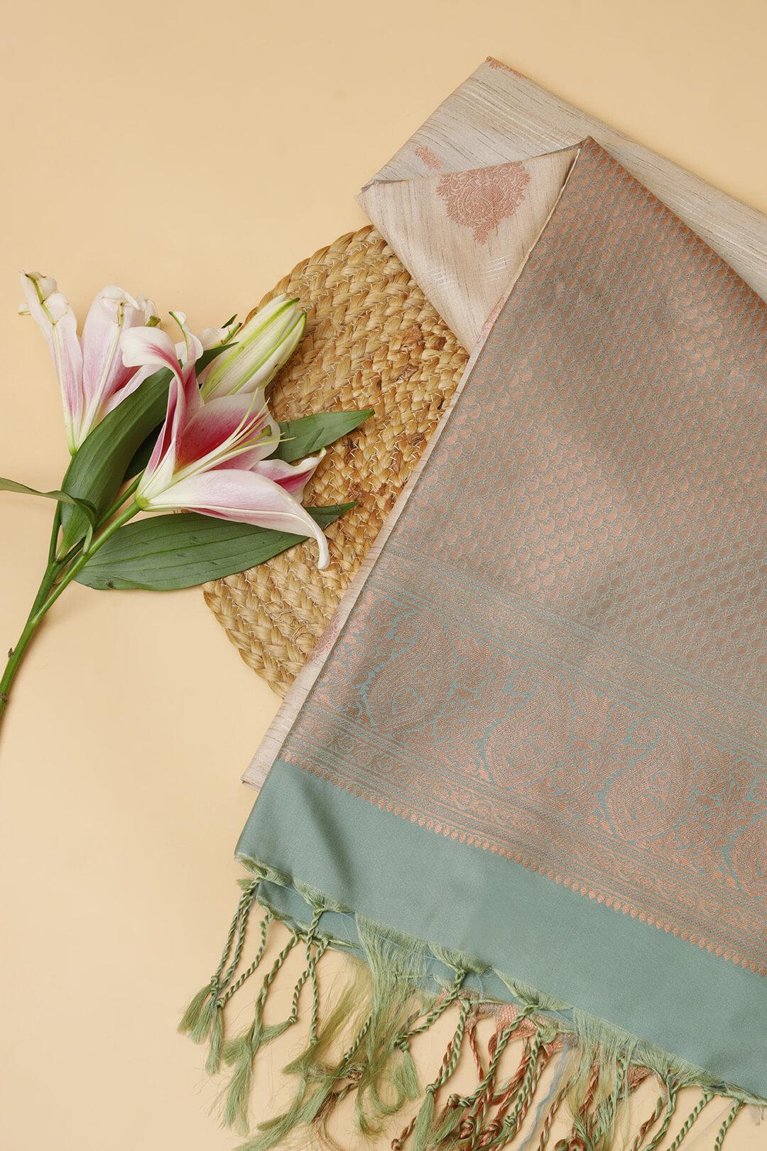 Semi Tussar silk saree in Ivory and bronze pallu view 4 - Ivory with Bronze pallu Semi Tussar saree