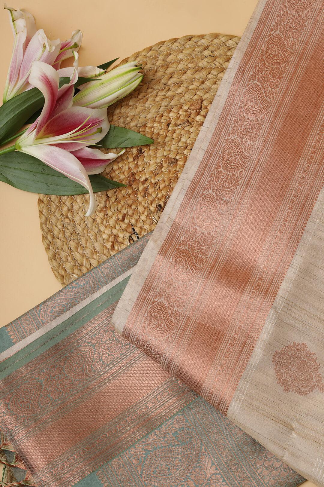 Semi Tussar silk saree in Ivory and bronze pallu view 3 - Ivory with Bronze pallu Semi Tussar saree