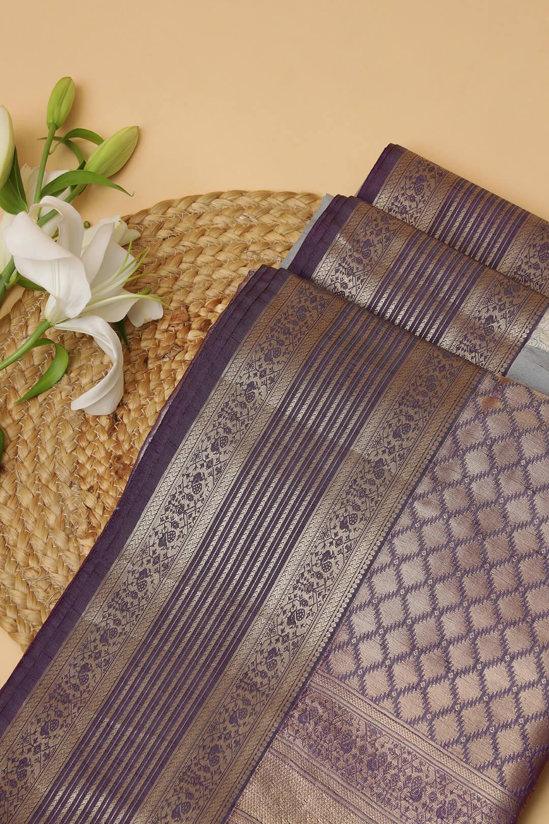 Semi Tussar silk saree in Ash Grey and Purple pallu view 3 - Ash grey with purple pallu Semi Tussar saree