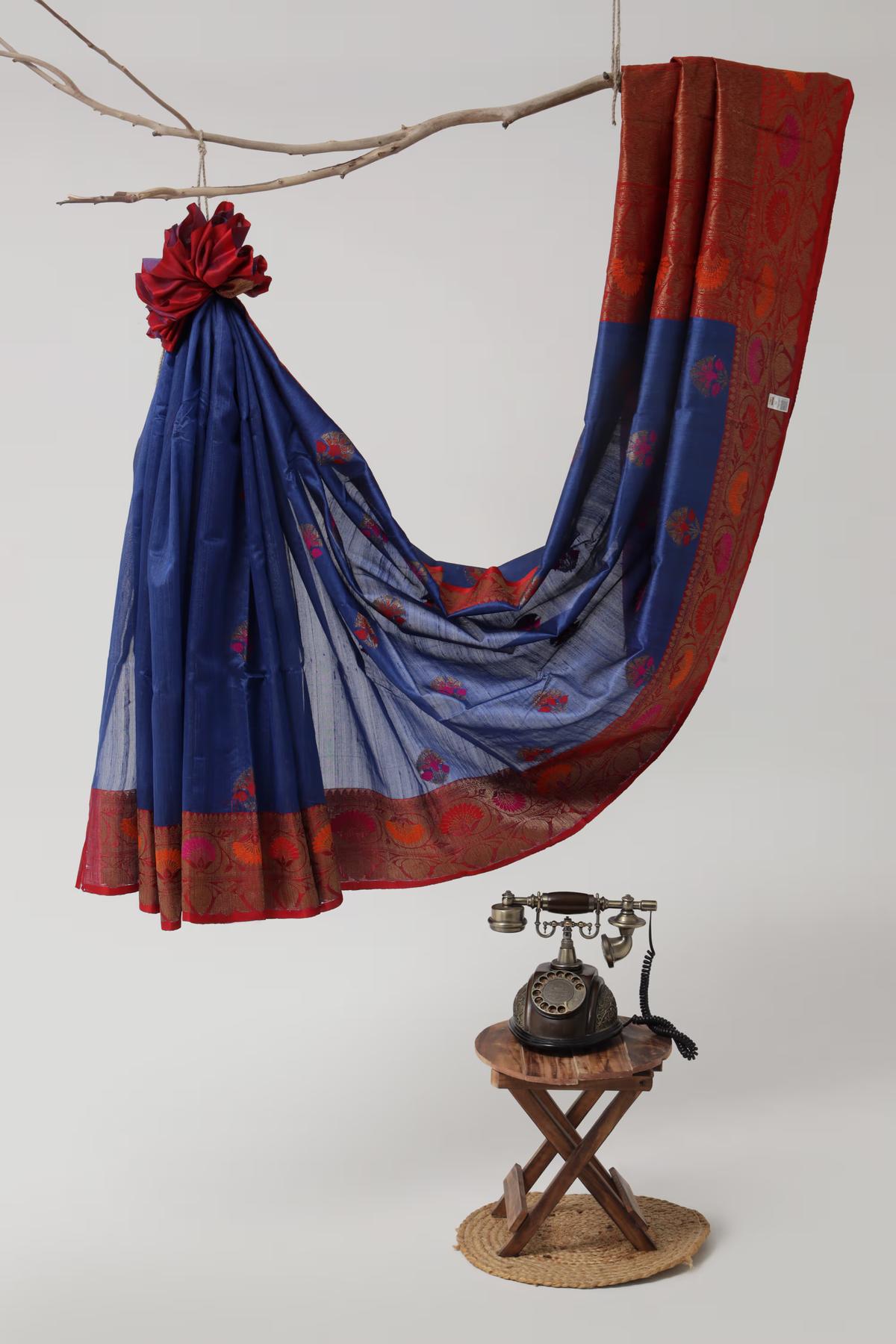 Handloom Tussar Banarasi saree Navy Blue and Red with Meenakari view 1 - Royal blue and Red Tussar silk saree