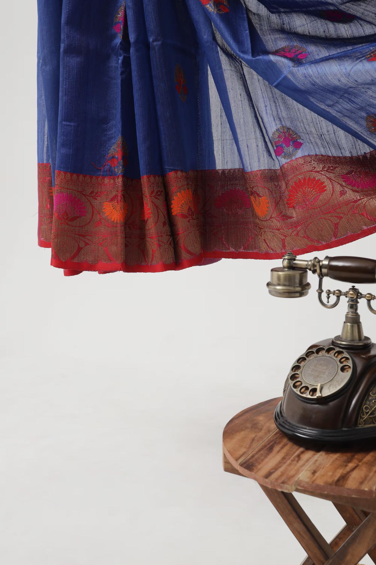 Handloom Tussar Banarasi saree Navy Blue and Red with Meenakari view 5 - Royal blue and Red Tussar silk saree