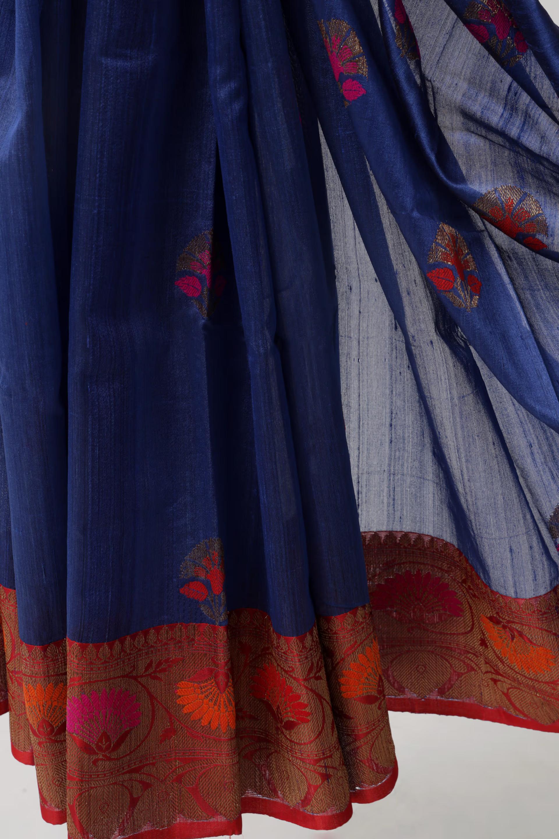 Handloom Tussar Banarasi saree Navy Blue and Red with Meenakari 3 - Royal blue and Red Tussar silk saree