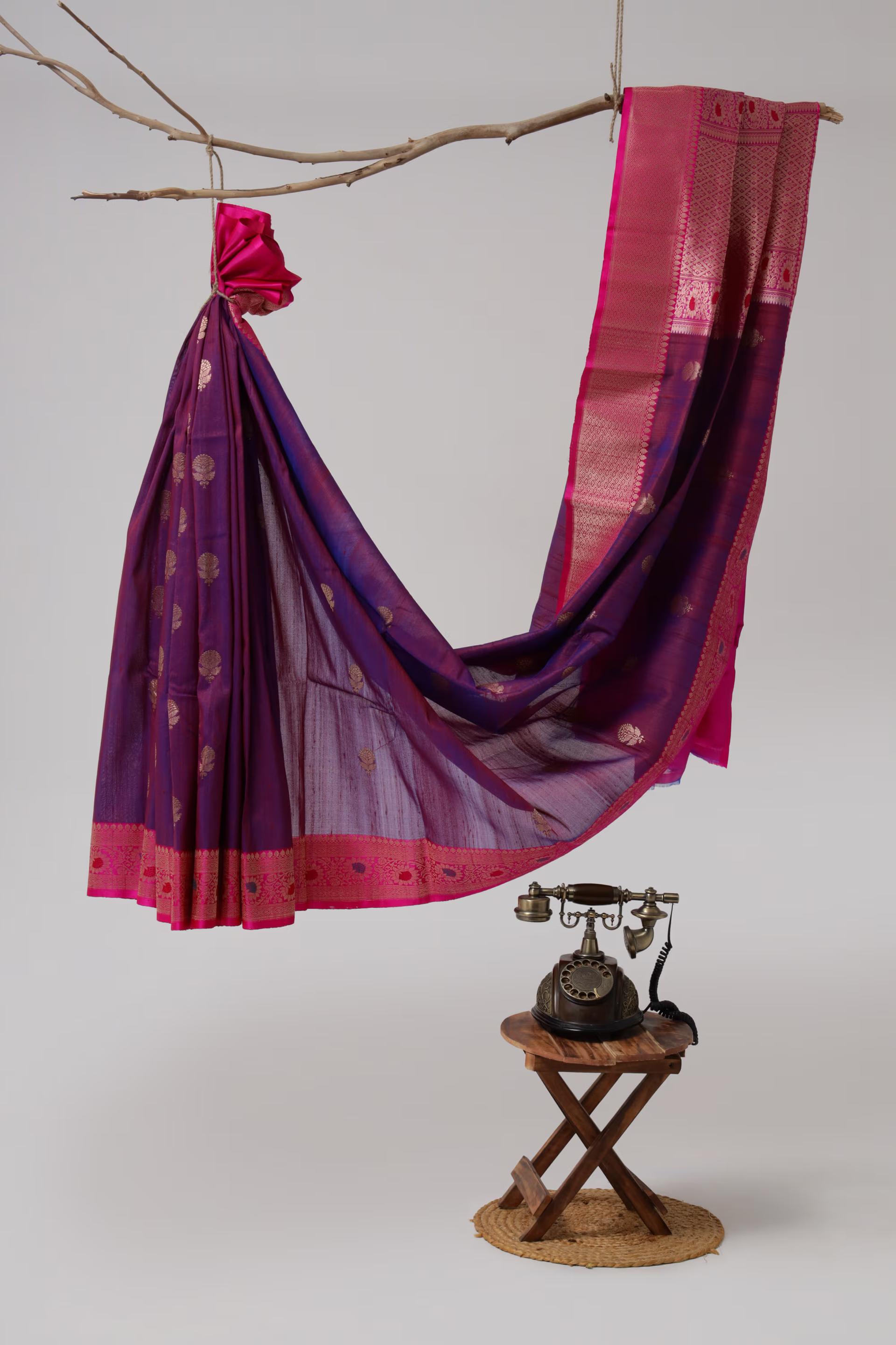 Handloom Tussar Banarasi in Purple and pink with Meenakari 2 - Purple an Pink Tussar silk saree