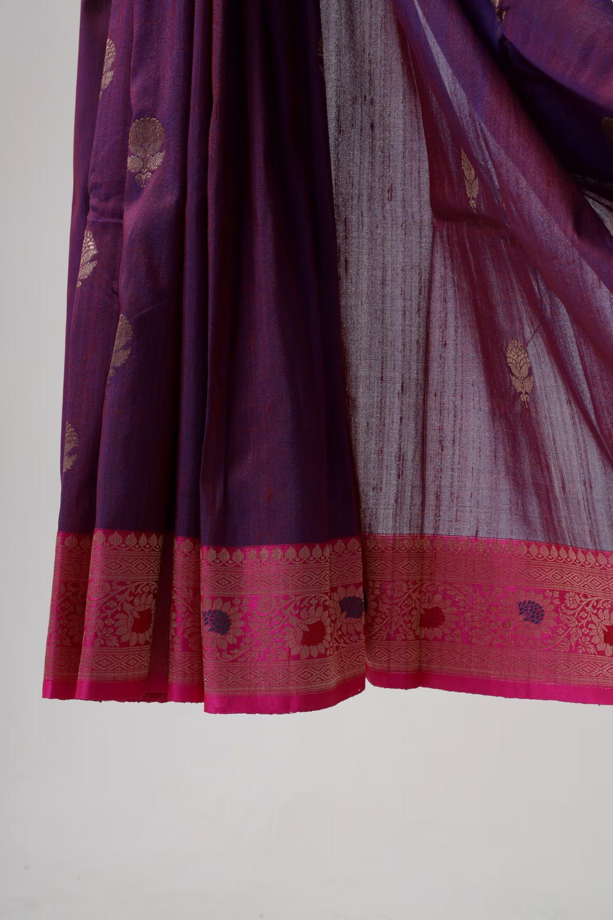 Handloom Tussar Banarasi in Purple and pink with Meenakari view 4 - Purple an Pink Tussar silk saree