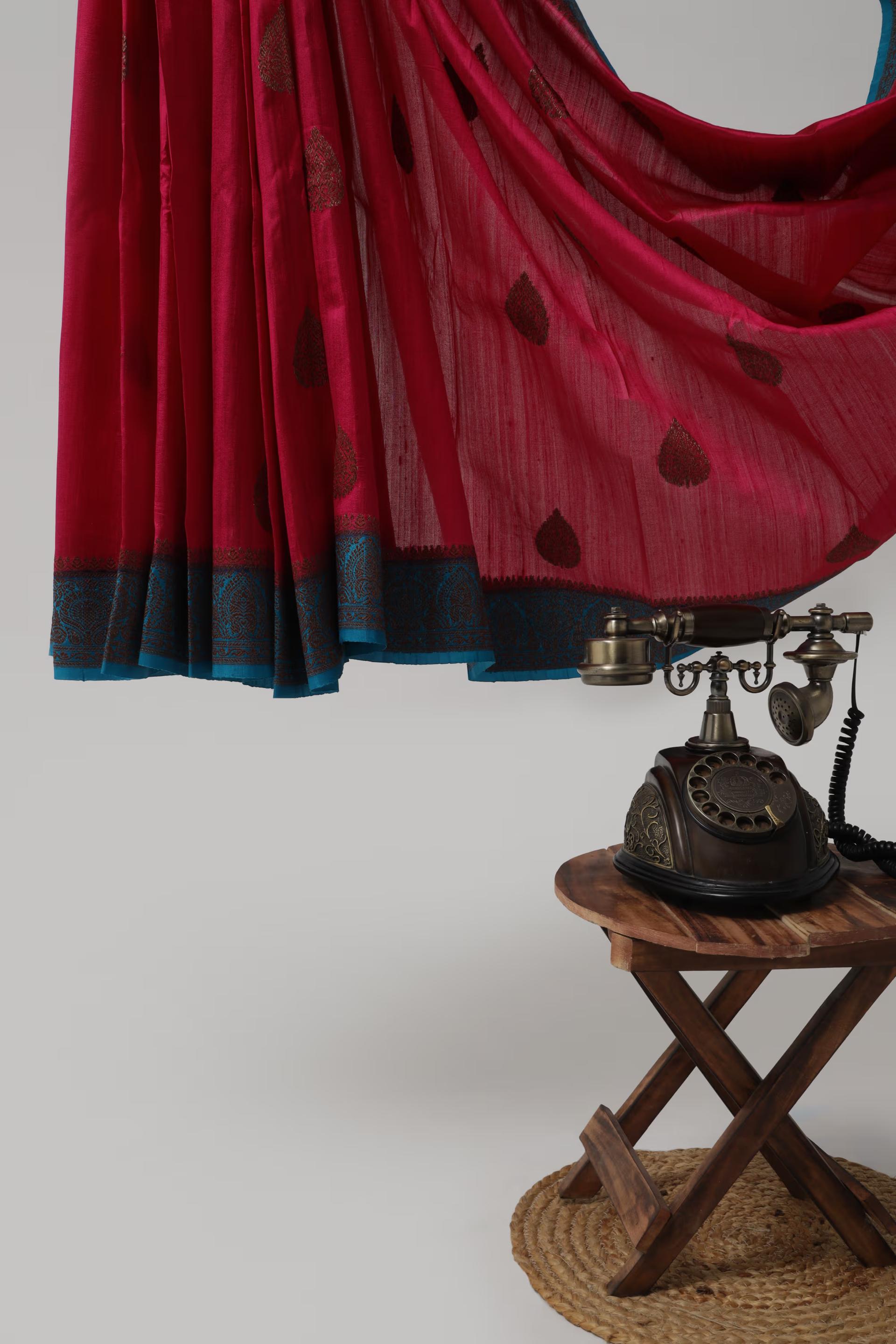 Handloom Tussar Banarasi in Pink and Blue Gold Antique work 4 - Pink and Blue Tussar silk saree