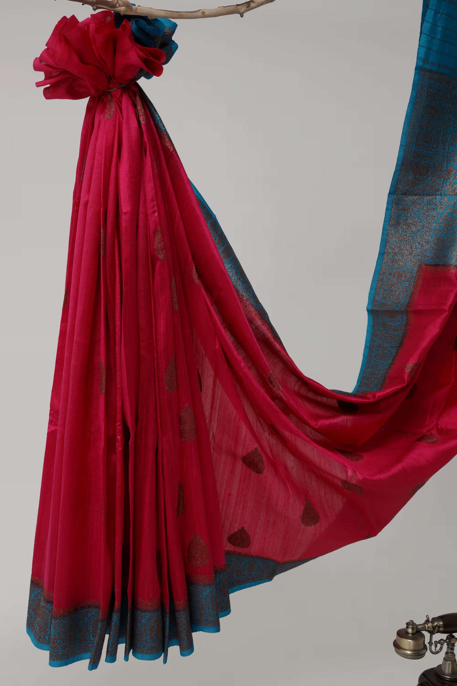 Handloom Tussar Banarasi in Pink and Blue Gold Antique work 3 - Pink and Blue Tussar silk saree