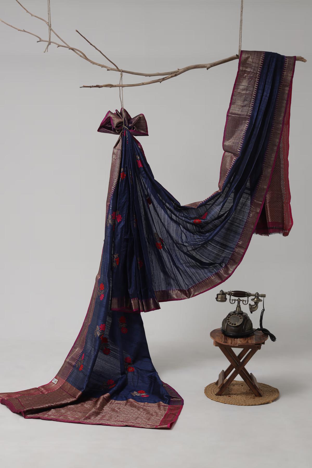 Handloom Tussar Banarasi in Indigo Blue and Pink with Meenakari view 1 - Indigo Blue and Pink Tussar silk saree