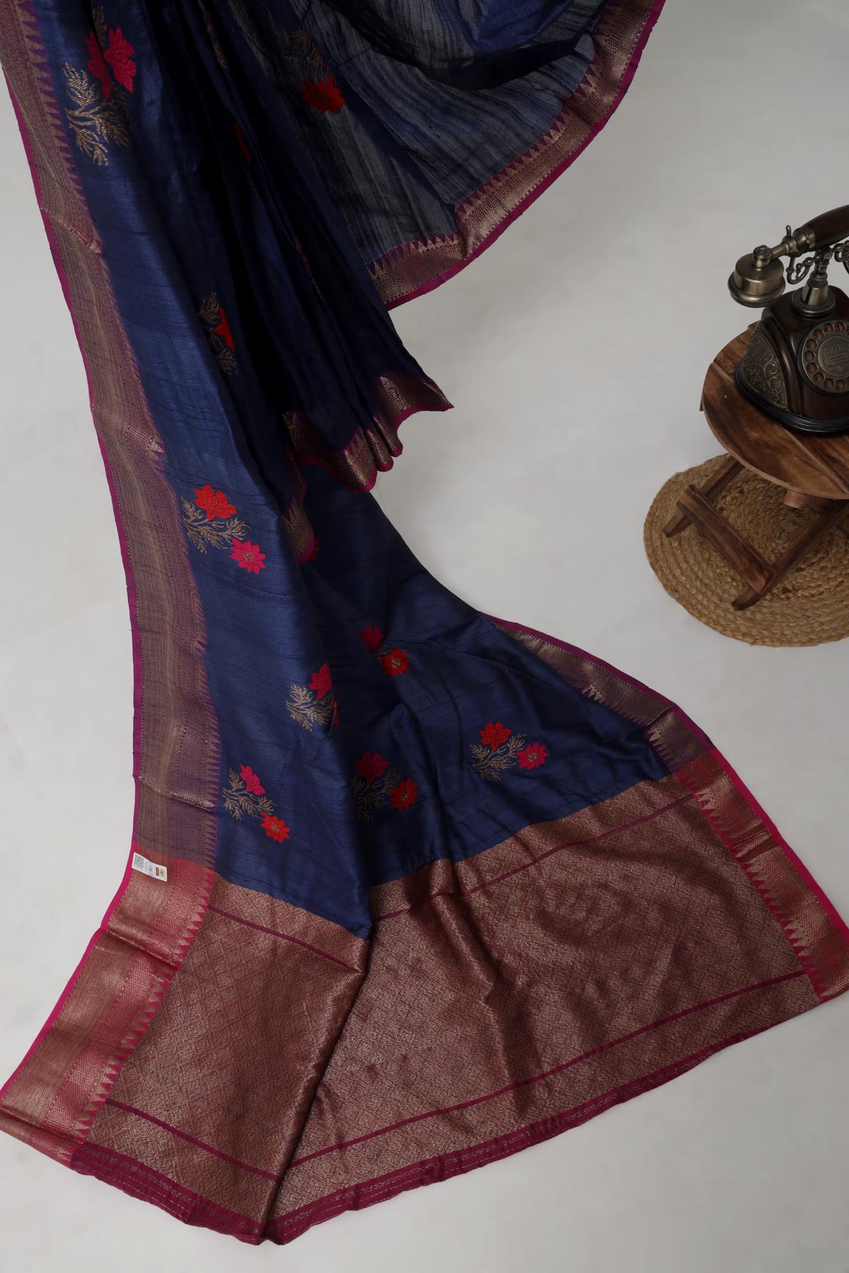 Handloom Tussar Banarasi in Indigo Blue and Pink with Meenakari view 4 - Indigo Blue and Pink Tussar silk saree