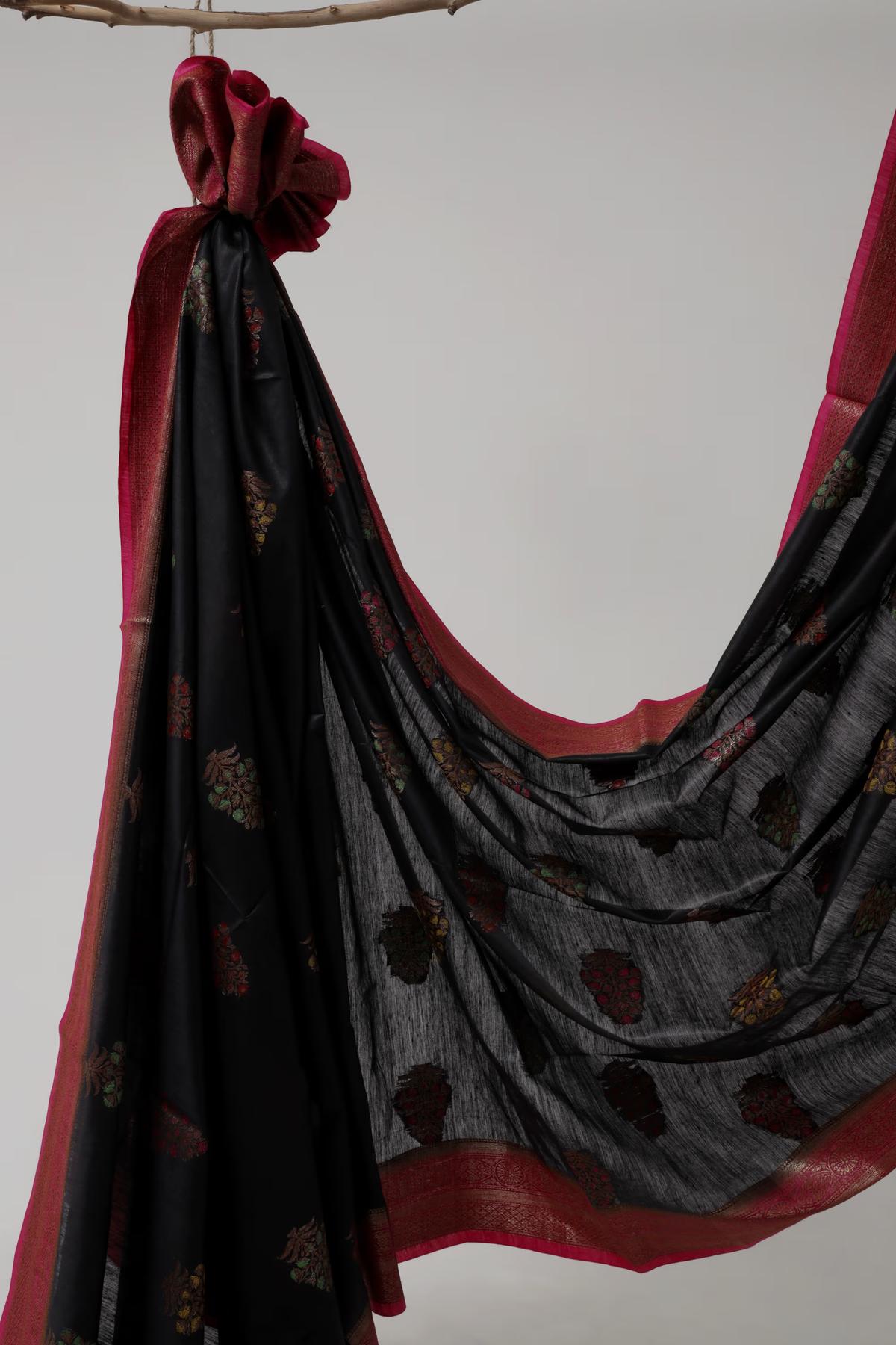 Handloom Tussar Banarasi in Black and Pink with Meenakari view 4 - Black and pink Tussar silk saree