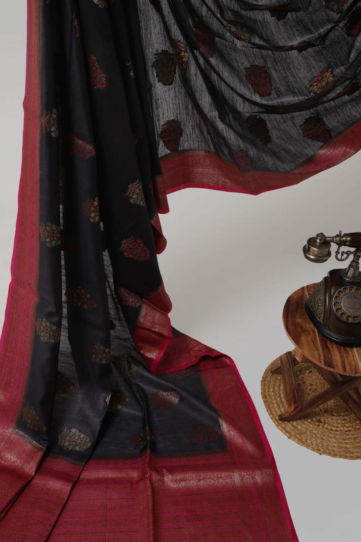 Handloom Tussar Banarasi in Black and Pink with Meenakari view 5 - Black and pink Tussar silk saree