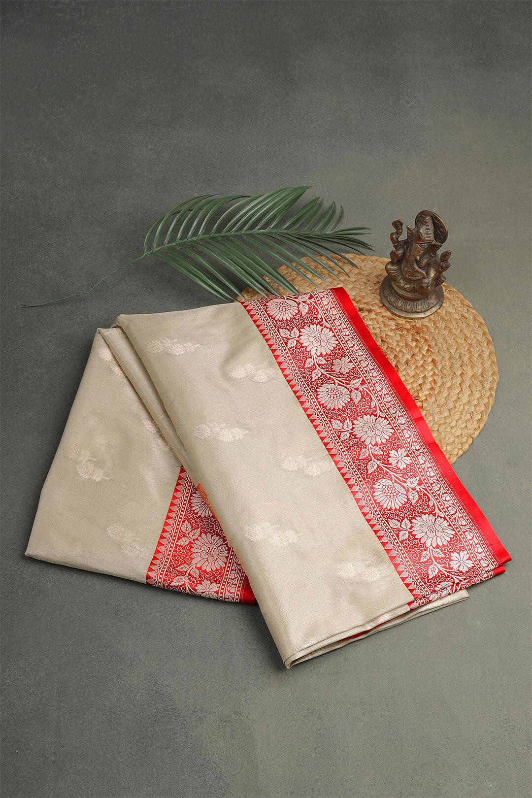 Semi Kora tissue Saree in Ivory and red pallu 3 - Ivory with red pallu Semi Kora Tissue saree saree