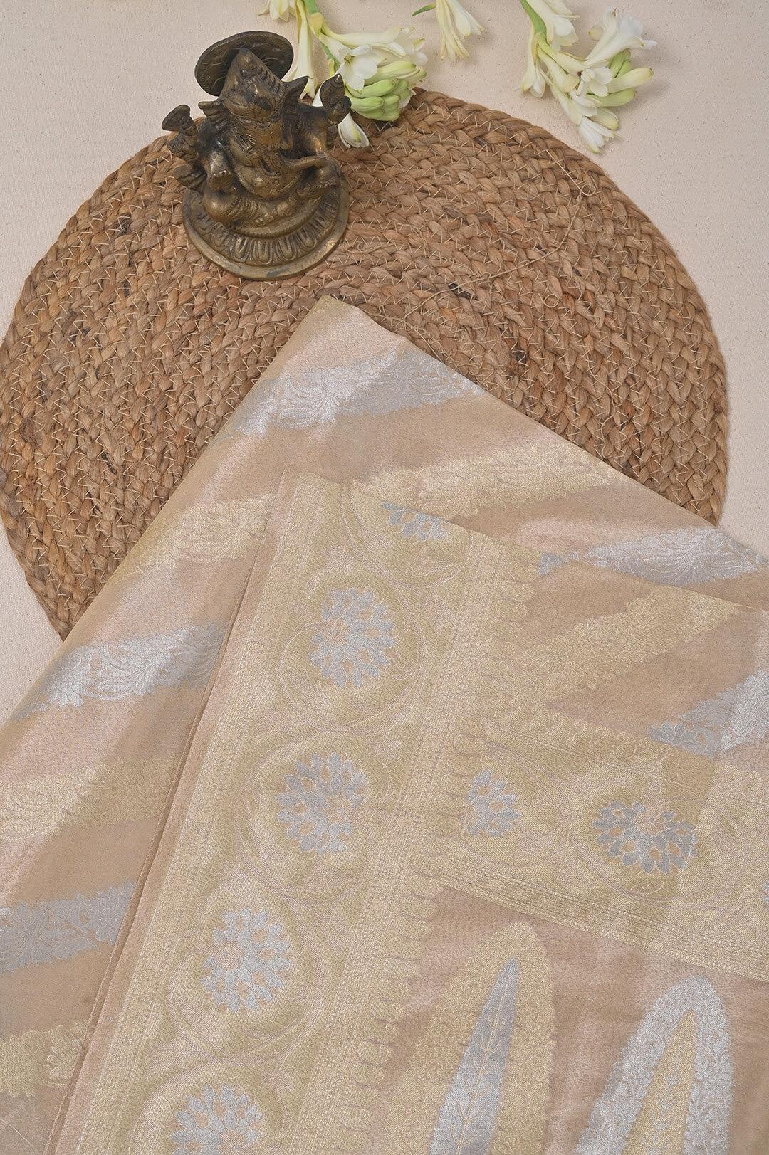 Semi Kora Tissue Silk saree in Beige and Gold silver zari view 4 - Beige Semi Kora Tissue saree