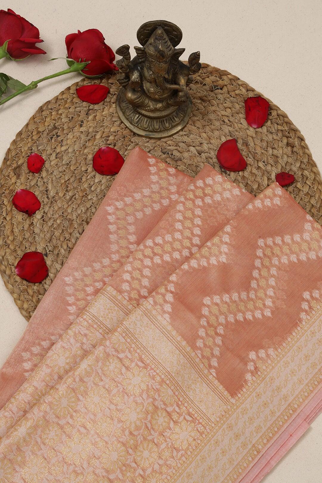 Semi Kora Tissue silk saree in Peach view 3 - Peach Semi Kora Tissue saree