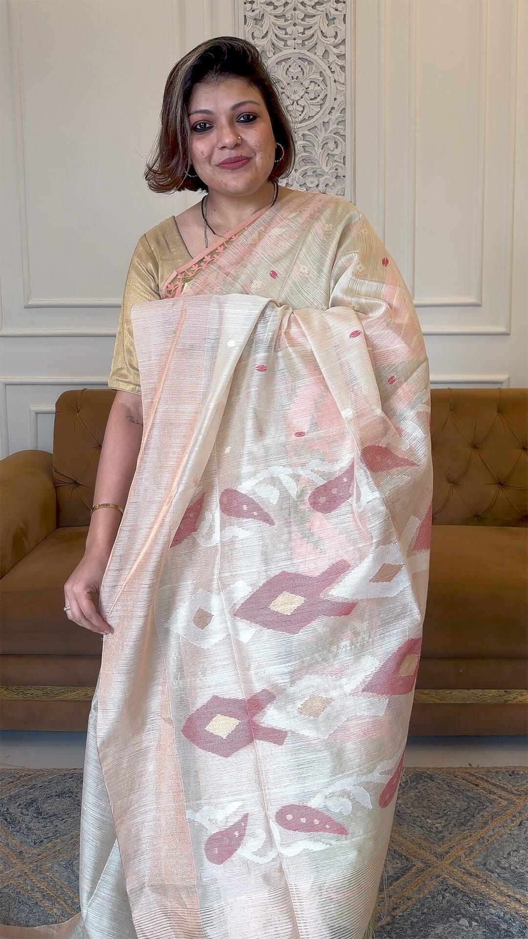 Handloom Pure Tussar Silk Jamdani in Beige Gold & Red - Yarn Dyed Saree 1 - Tussar colour & Red Tussar saree