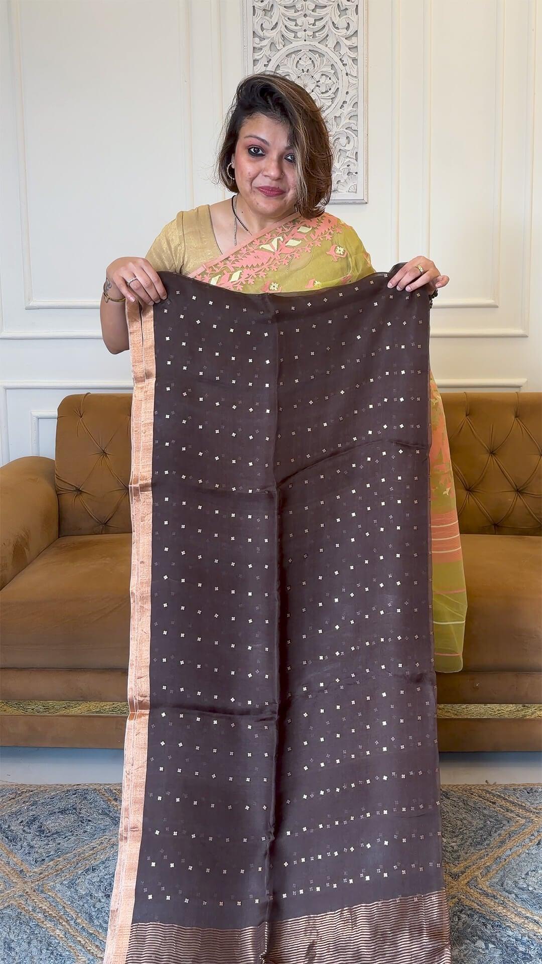 Handloom Pure Muslin silk in Dark Chocolate Yarn Dyed Saree view 3 - Dark Chocolate Muslin silk saree