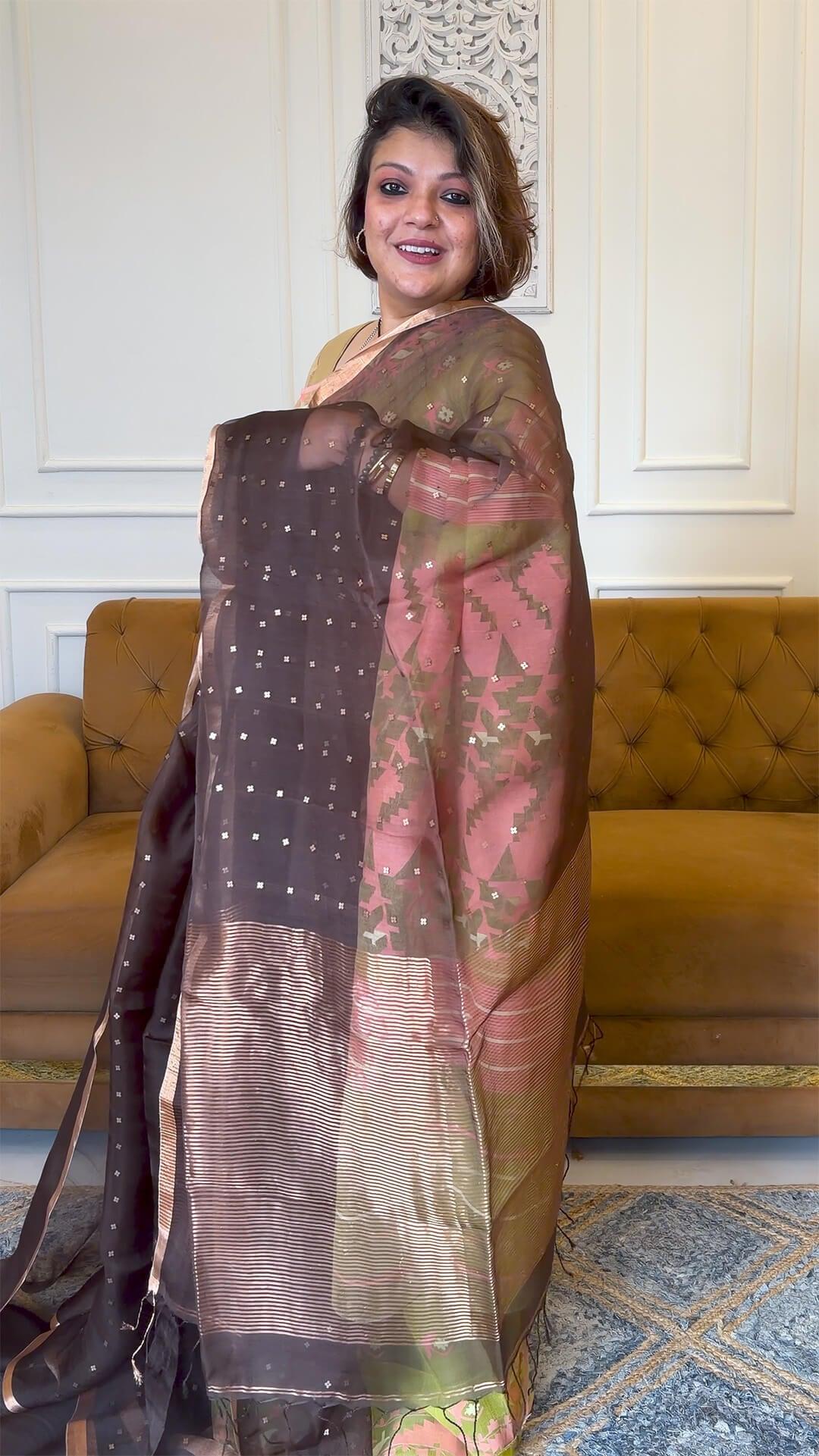 Handloom Pure Muslin silk in Dark Chocolate Yarn Dyed Saree view 2 - Dark Chocolate Muslin silk saree