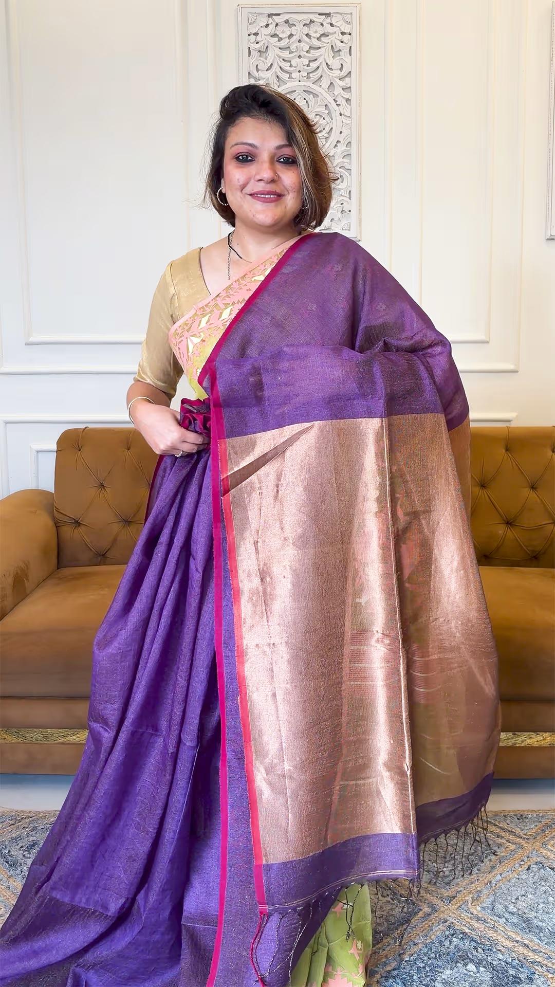 Handloom Pure Tissue & Linen in Deep Purple - Yarn Dyed Saree 2 - Deep Purple Tissue & Linen saree